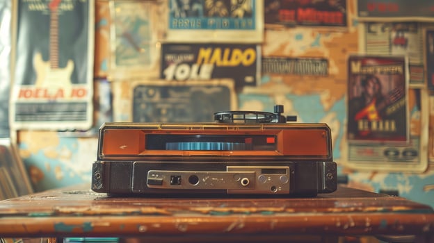 Vintage Radio on Table Amid Retro Music Posters and Decor. Concept of retro cassette tape player, music memorabilia, historical soundtracks, and cultural nostalgia photo