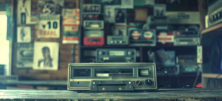 Vintage Radio Cassette Player on Wooden Surface in Retro Setting. Concept of retro cassette tape player, music memorabilia, historical soundtracks, and cultural nostalgia photo