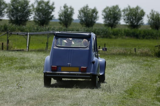 old car drives on grassland photo