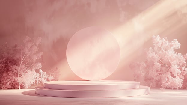 An ethereal digital landscape portraying a serene, rose-tinted dawn with soft lighting and delicate tree silhouettes creating a dreamlike atmosphere. photo