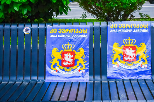 Tbilisi, Georgia - 16th may, 2024 - poster on bench with statement -Yes Europe, no russian law. Protests again pro russian government in capital city streets photo