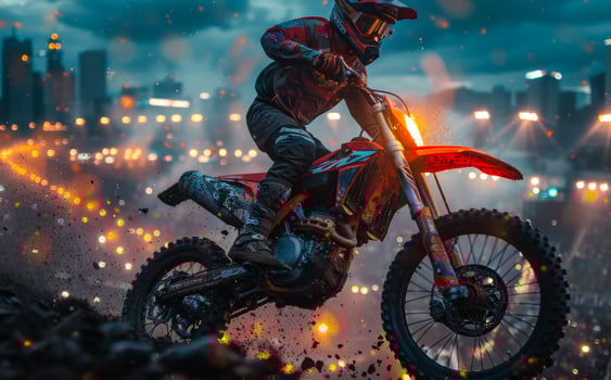 Motocross rider making stunt on the city skyline at night digital art style illustration painting photo