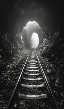 Railway tunnel. A railway tracks and light at the end photo