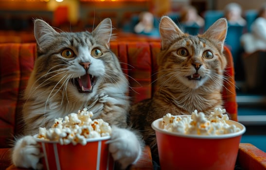 Two cats watch movie in cinema with popcorn. A photo of two cute cats in the cinema