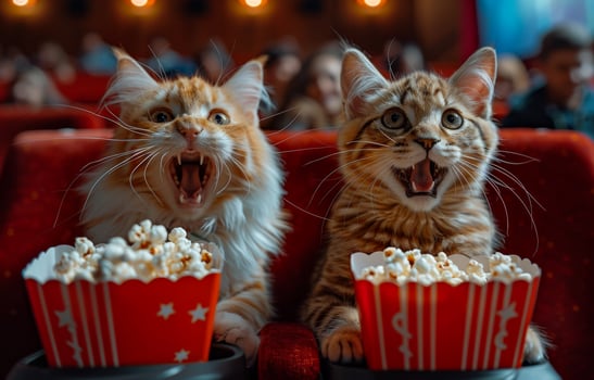 Two cats are watching movie in the cinema and eat popcorn. photo