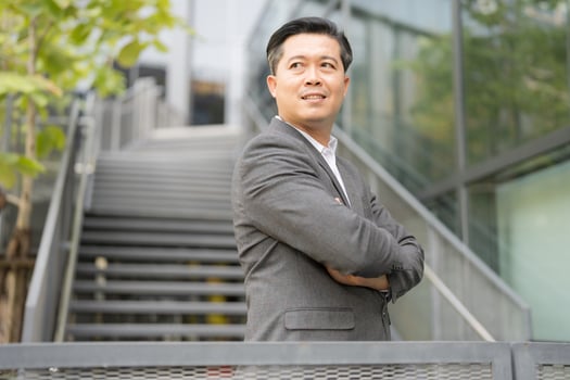 Confident asian businessman with crossed arms wearing a stylish gray suit showcasing leadership qualities and determination photo