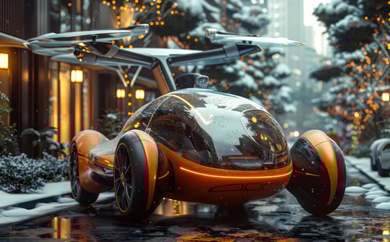 Orange self-driving passenger drone taxi driving on the road in the city at night. photo