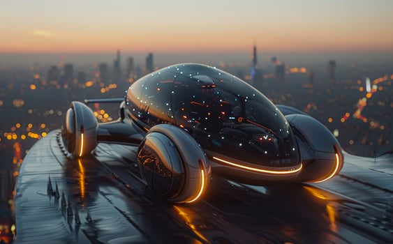Futuristic car flying over the city. The flying car. photo