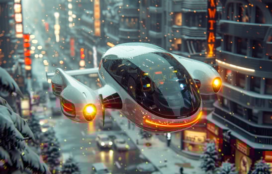 Futuristic car flying over the city town. Transport of the future. photo