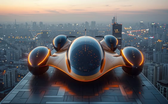 Futuristic car flying over the city. The flying car. photo