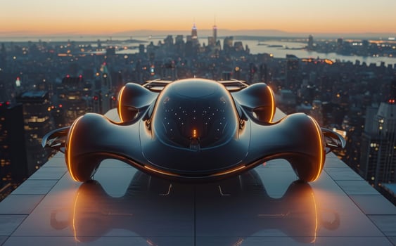 Futuristic car flying over the city photo