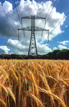 Wheat field and electricity pylon against blue sky photo