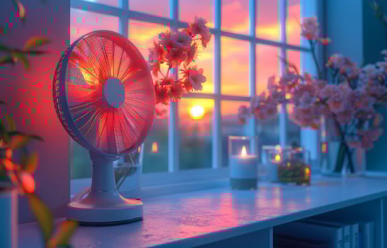 Electric fan and candles on the table in the living room at home in the evening photo
