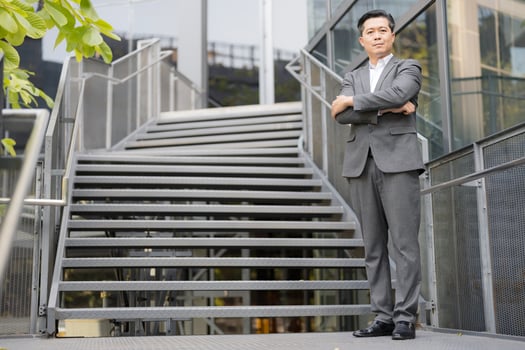 Confident asian businessman with crossed arms wearing a stylish gray suit showcasing leadership qualities and determination photo