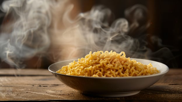 Bowl of steaming ramen noodles rotating with room for text photo