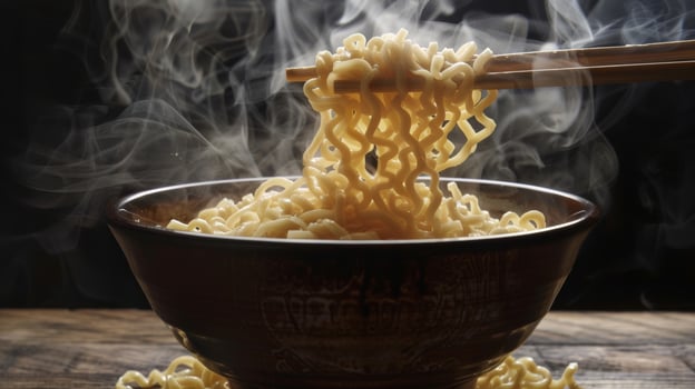 Bowl of steaming ramen noodles rotating photo