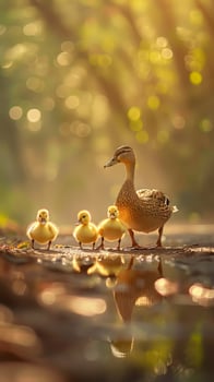 Charming baby ducklings waddling after their mother in a row photo