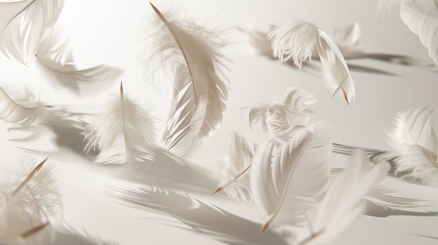 Ethereal boho feathers floating delicately against a pristine white surface photo