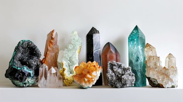 Exotic gemstone specimens offering a glimpse into the wonders of the earth against a minimalist white canvas photo