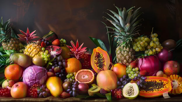 A colorful assortment of fruits and s, including apples, oranges, grapes, and pears photo