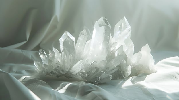Glowing crystal formations casting ethereal shadows against a minimalist white canvas photo