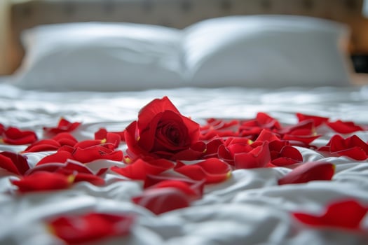 Heart-shaped rose petals scattered on a bed photo