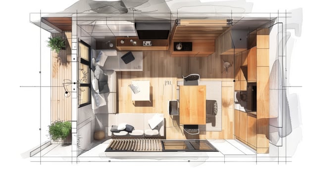 Interior design layout offering creative solutions for small living spaces photo