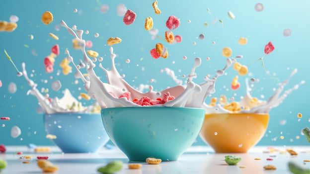 Levitating bowls of colorful cereal with milk splashes photo