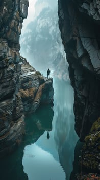 A man stands on a ledge overlooking a river. The water is calm and the sky is cloudy. The man is enjoying the view and taking in the beauty of the natural surroundings photo
