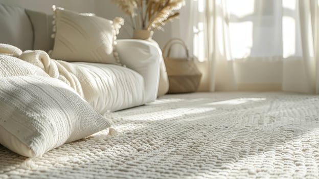 A living room with a white couch and pillows, and a rug. The room is bright and airy, with a window letting in natural light photo
