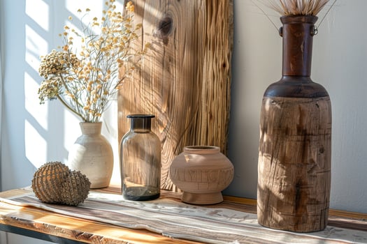 A wooden table with a vase, a bowl, and a bottle on it. The table is in a room with a window, and the sunlight is shining on the table photo