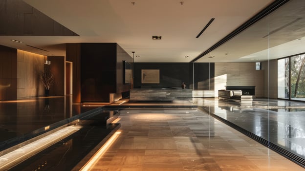 A large room with a black wall and a black floor. The room is empty and has a modern design photo