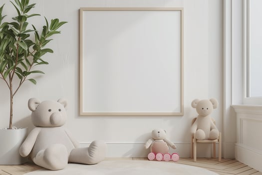 Mock up poster frame in white cozy children room interior background 3D render photo