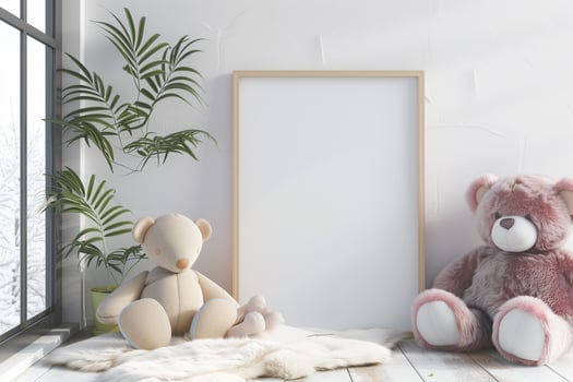 Mock up poster frame in white cozy children room interior background 3D render photo