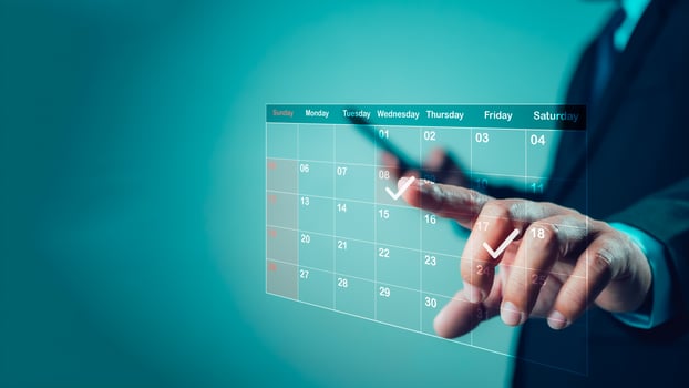 Creative collage for planning ideas, Appointment scheduler, Businessman marking dates on virtual calendar, managing his business schedule, setting reminders for important appointments. photo