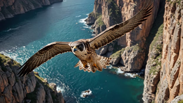 a bird flying over a canyon with a river in the background photo