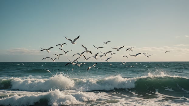 seagulls flying over the ocean waves photo