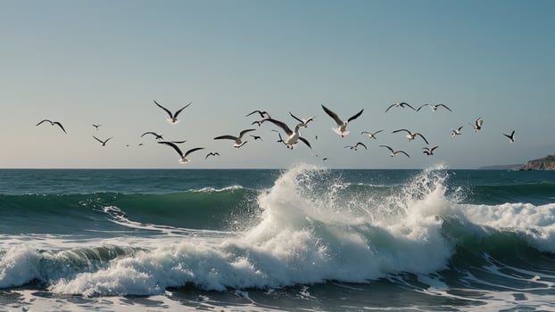 seagulls flying over the ocean waves photo
