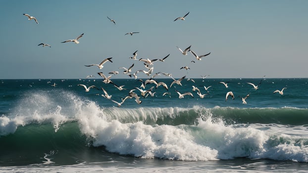 seagulls flying over the ocean waves photo