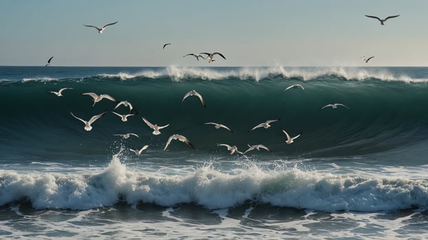 seagulls flying over the ocean waves photo