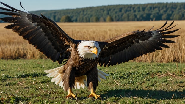a bald eagle spreads its wings in the grass photo