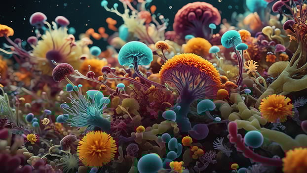 Abstract colorful microscopic structure of cells, neurons, veins, splash, circulation lines, microorganisms, micro dimensions photo
