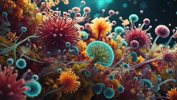Abstract colorful microscopic structure of cells, neurons, veins, splash, circulation lines, microorganisms, micro dimensions photo