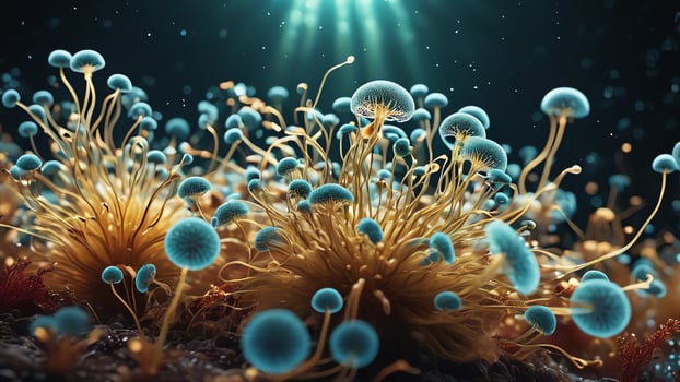 Abstract colorful microscopic structure of cells, neurons, veins, splash, circulation lines, microorganisms, micro dimensions photo