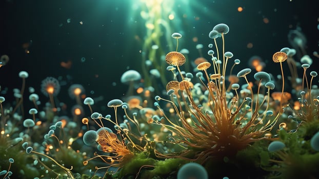 Abstract colorful microscopic structure of cells, neurons, veins, splash, circulation lines, microorganisms, micro dimensions photo