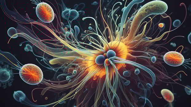Abstract colorful microscopic structure of cells, neurons, veins, splash, circulation lines, microorganisms, micro dimensions photo