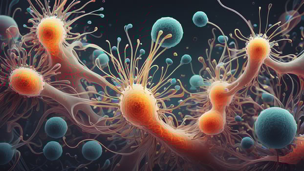 Abstract colorful microscopic structure of cells, neurons, veins, splash, circulation lines, microorganisms, micro dimensions photo