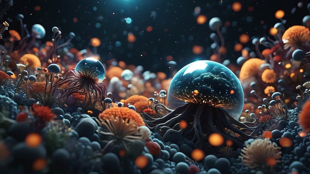 Abstract colorful microscopic structure of cells, neurons, veins, splash, circulation lines, microorganisms, micro dimensions photo