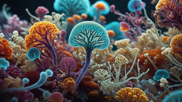 Abstract colorful microscopic structure of cells, neurons, veins, splash, circulation lines, microorganisms, micro dimensions photo