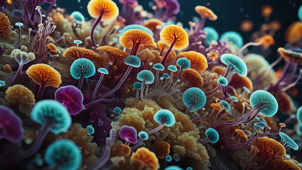 Abstract colorful microscopic structure of cells, neurons, veins, splash, circulation lines, microorganisms, micro dimensions photo